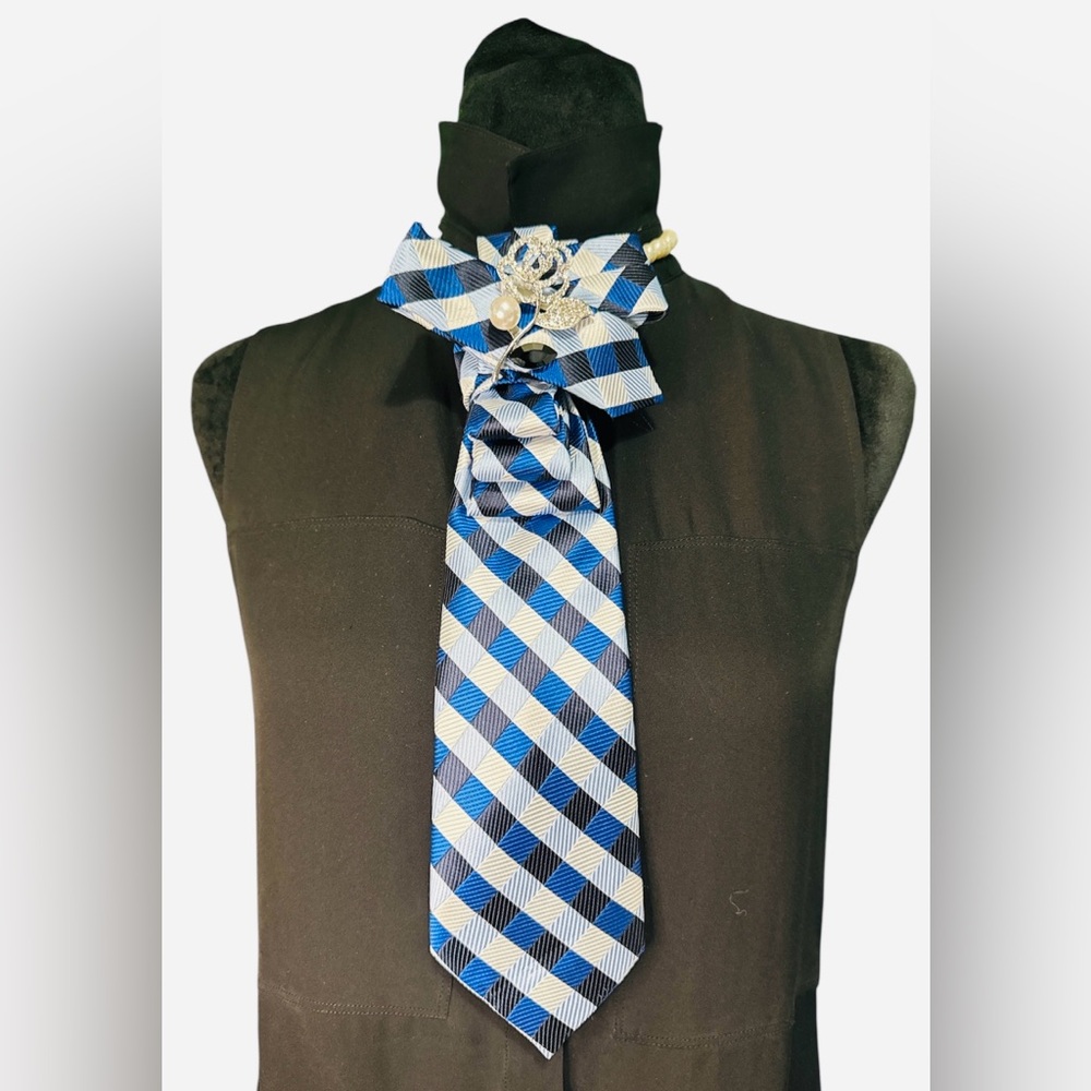 Blue, White, and Black Checkered Necktie with Rose Brooch